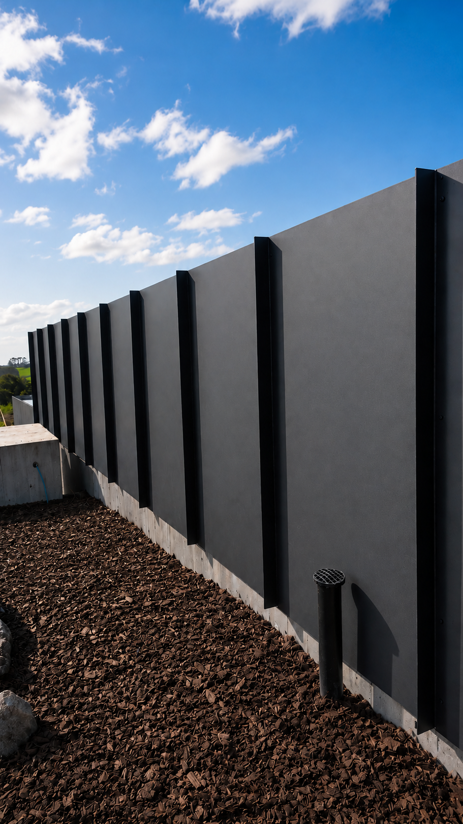 Custom powder-coated steel privacy fencing installed alongside a contemporary home in Te Arai, Auckland, featuring modern steel panels designed for privacy, durability, and a clean architectural finish.