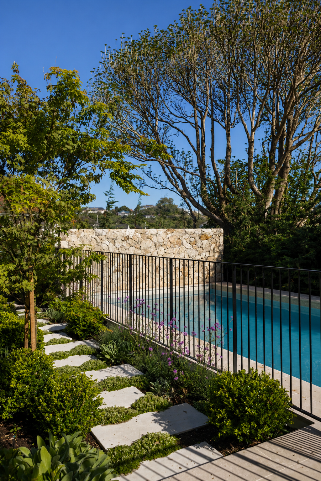Modern black steel pool fencing surrounding a landscaped swimming pool with natural stone paving, feature planting, and stone wall in Auckland, New Zealand.