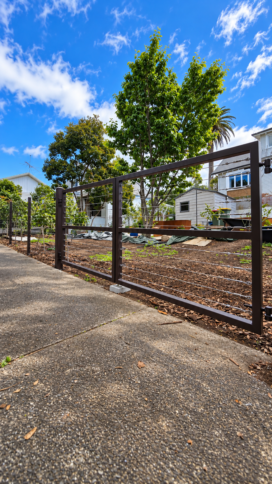 Custom steel-framed gate with horizontal stainless steel cable fencing, installed alongside a landscaped residential driveway in Auckland by Whenua Scapes.