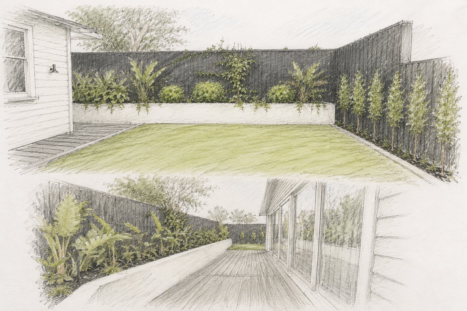 Hand-drawn landscape design concept sketch showing a modern Auckland backyard with a side deck, raised planter, tropical planting, lawn and black timber fencing by Whenua Scapes.