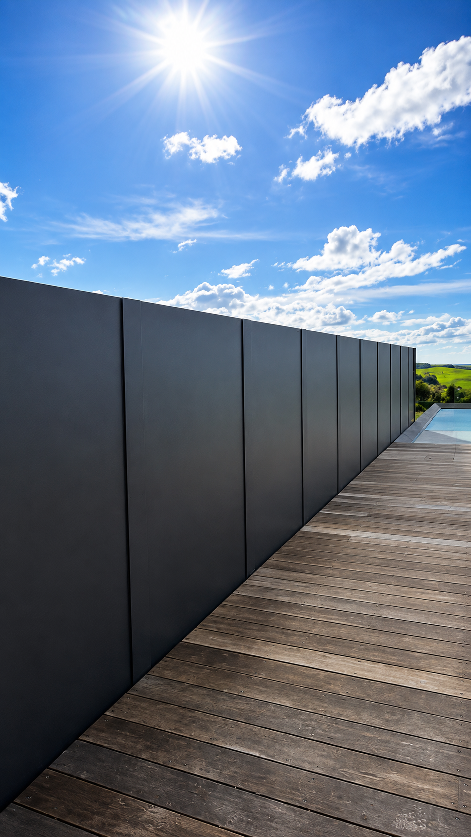 Custom powder-coated steel privacy fencing installed alongside a contemporary home in Te Arai, Auckland, featuring modern steel panels designed for privacy, durability, and a clean architectural finish.