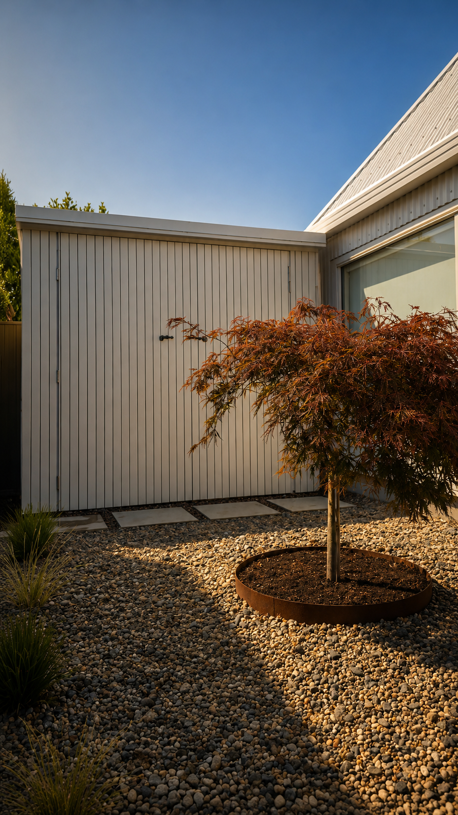 Custom-built outdoor storage shed with vertical timber cladding, decorative gravel, stepping stones, and Japanese maple planting in a modern Auckland garden.
