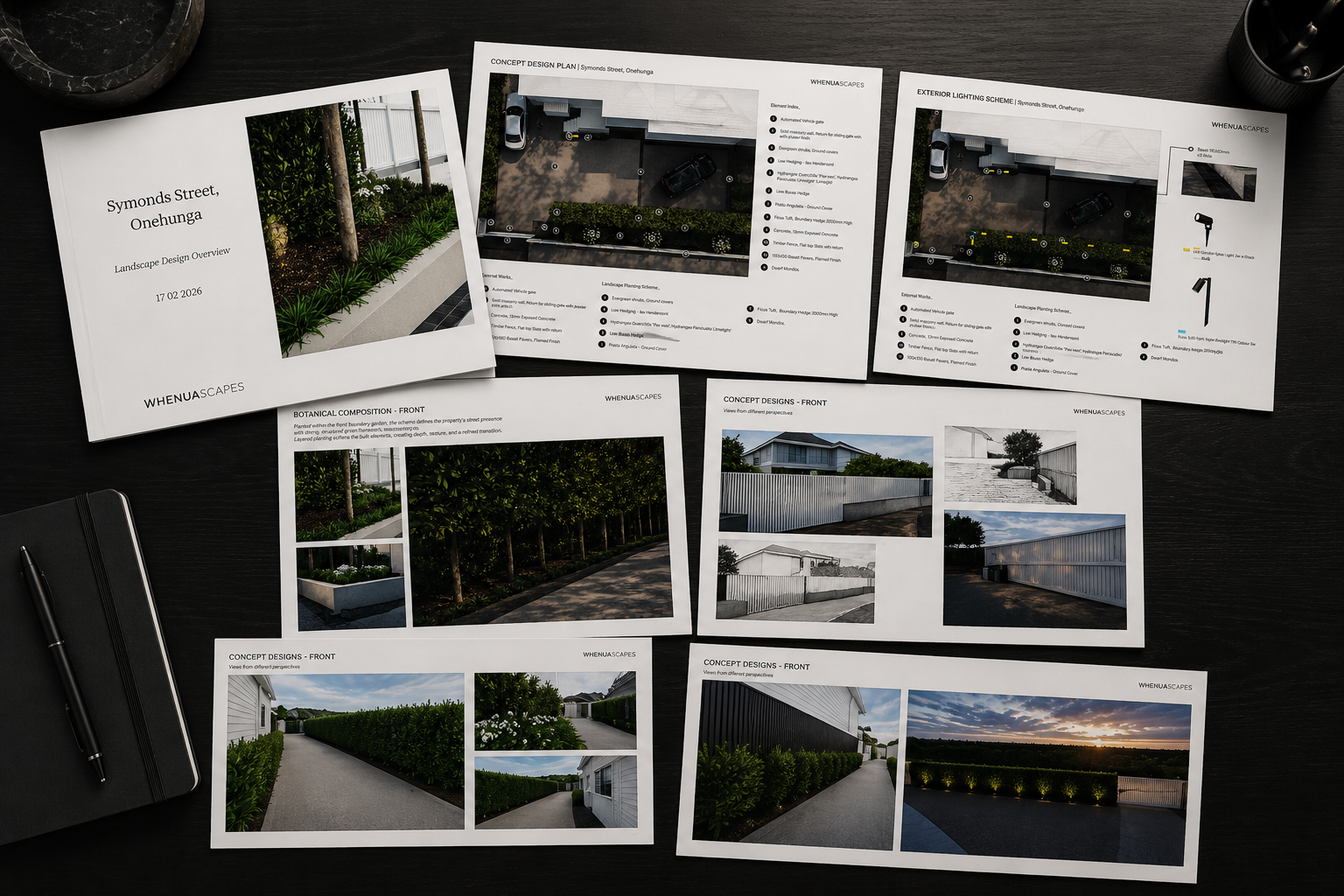 Landscape design plans and mood boards for Symonds Street, Onehunga, laid out on a dark desk with a black pen and a closed black notebook nearby.