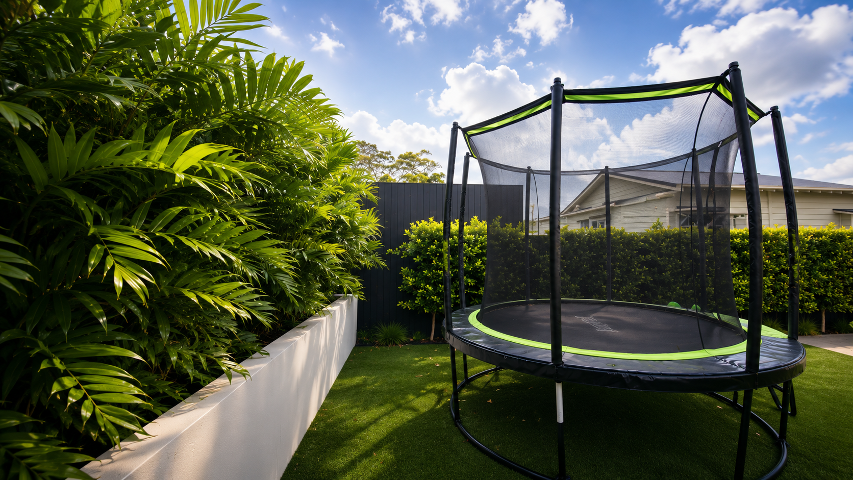 Family-friendly backyard featuring artificial lawn, tropical screening plants, raised rendered garden beds, and a trampoline within a private residential landscape design.