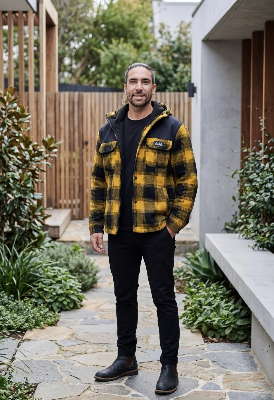 A man standing outdoors on a stone pathway, wearing a yellow and black plaid jacket, black pants, and black boots, with a modern home and green plants in the background.