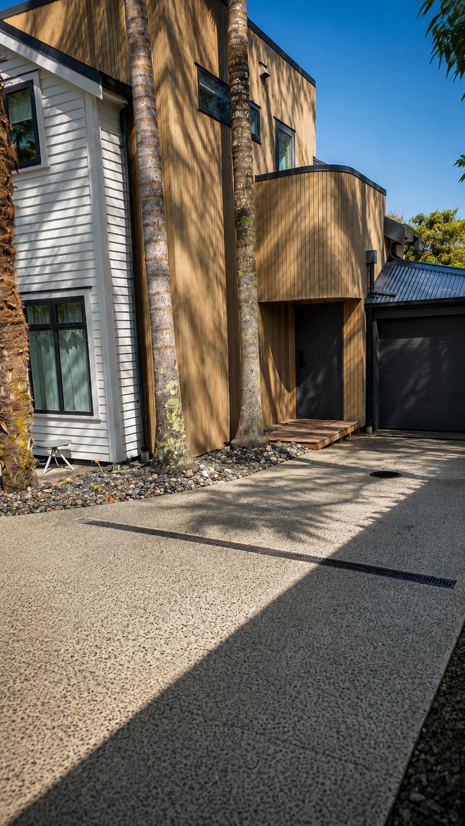 Exposed aggregate concrete driveway with integrated drainage, complementing a modern architectural home and contemporary landscape design.