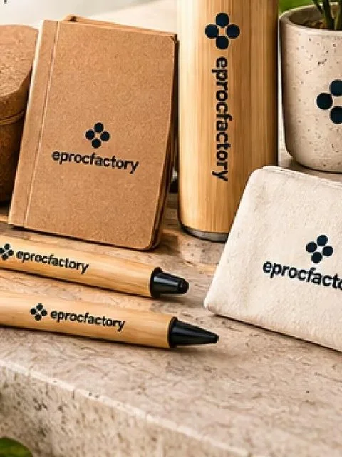 Goodies responsables Eproc Factory en bambou, liège et coton : stylos, carnet, gourde et trousse