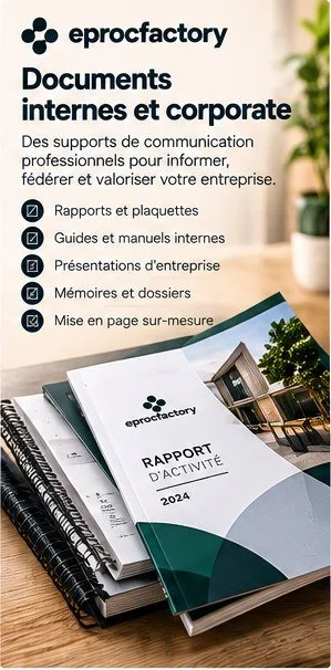 Rapports d'activité, guides internes et présentations d'entreprise imprimés