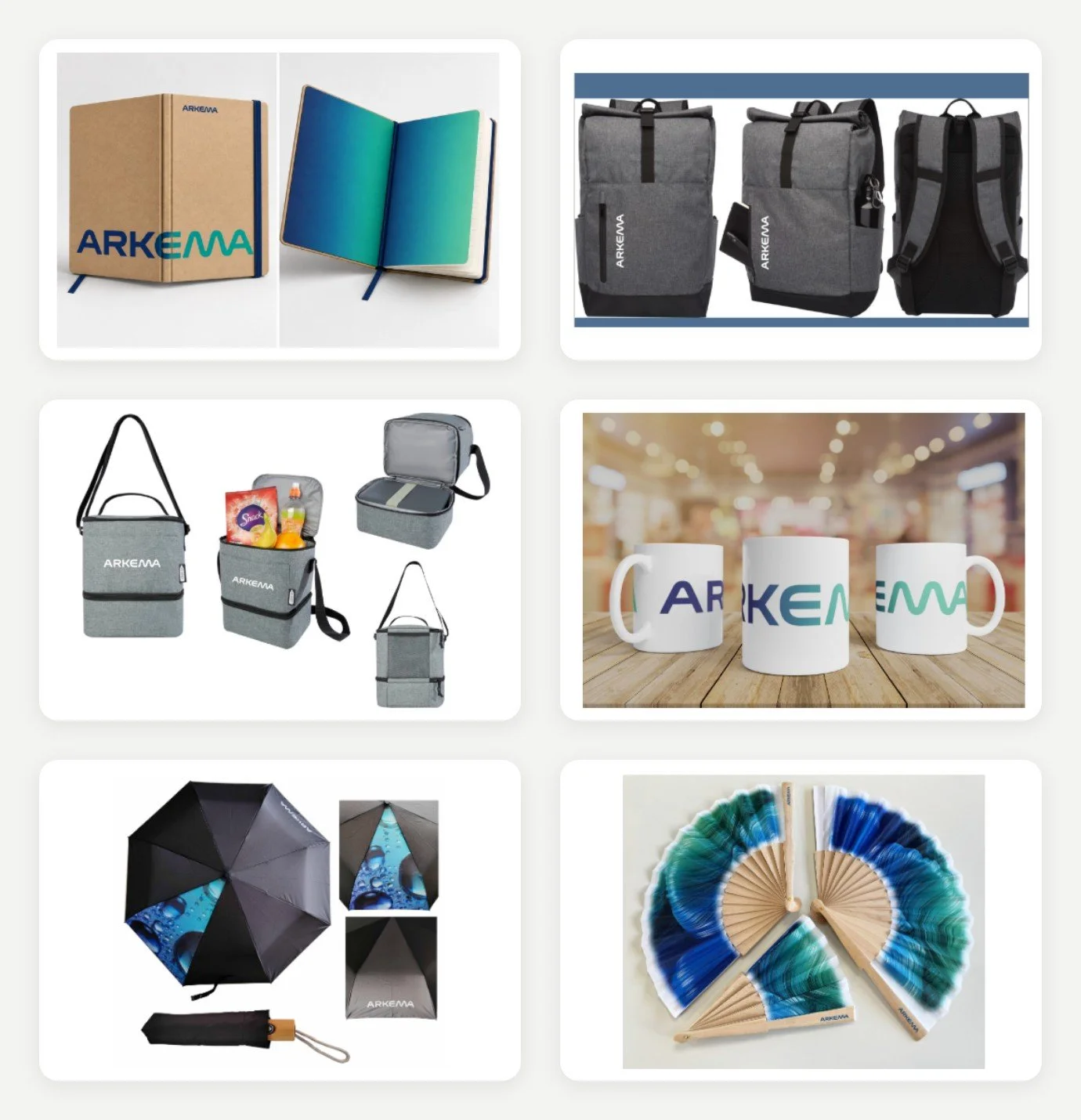 Collage de produits promotionnels personnalisés Arkema : carnets, sacs à dos, sacs isothermes, mugs, parapluie et éventails.