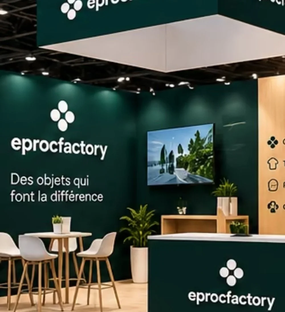 Stand de salon Eproc Factory conçu et installé par un chef de projet PLV dédié