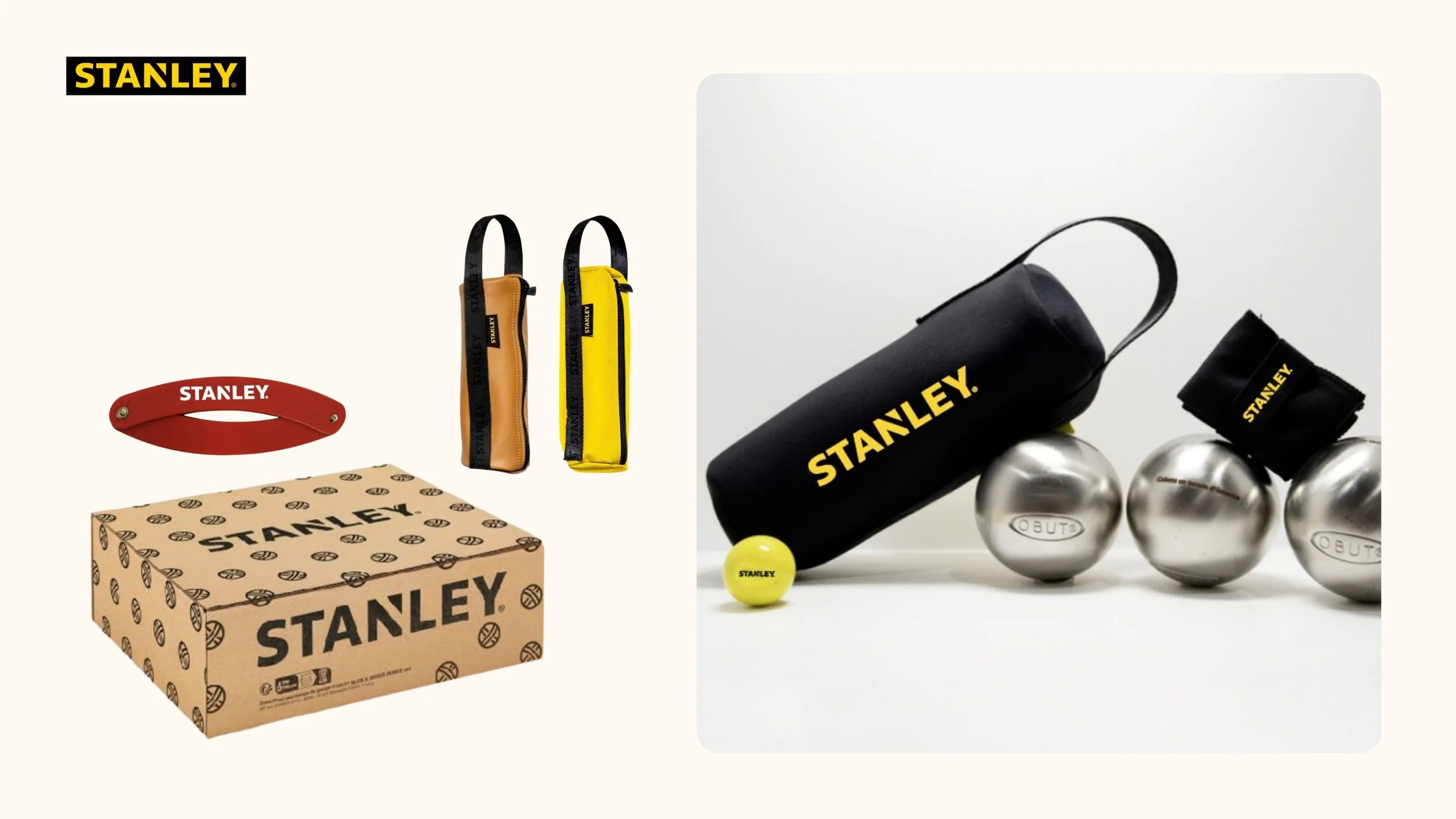 Produits Stanley pour la pétanque : sacoches, boîte cadeau, cochonnet et boules métalliques.