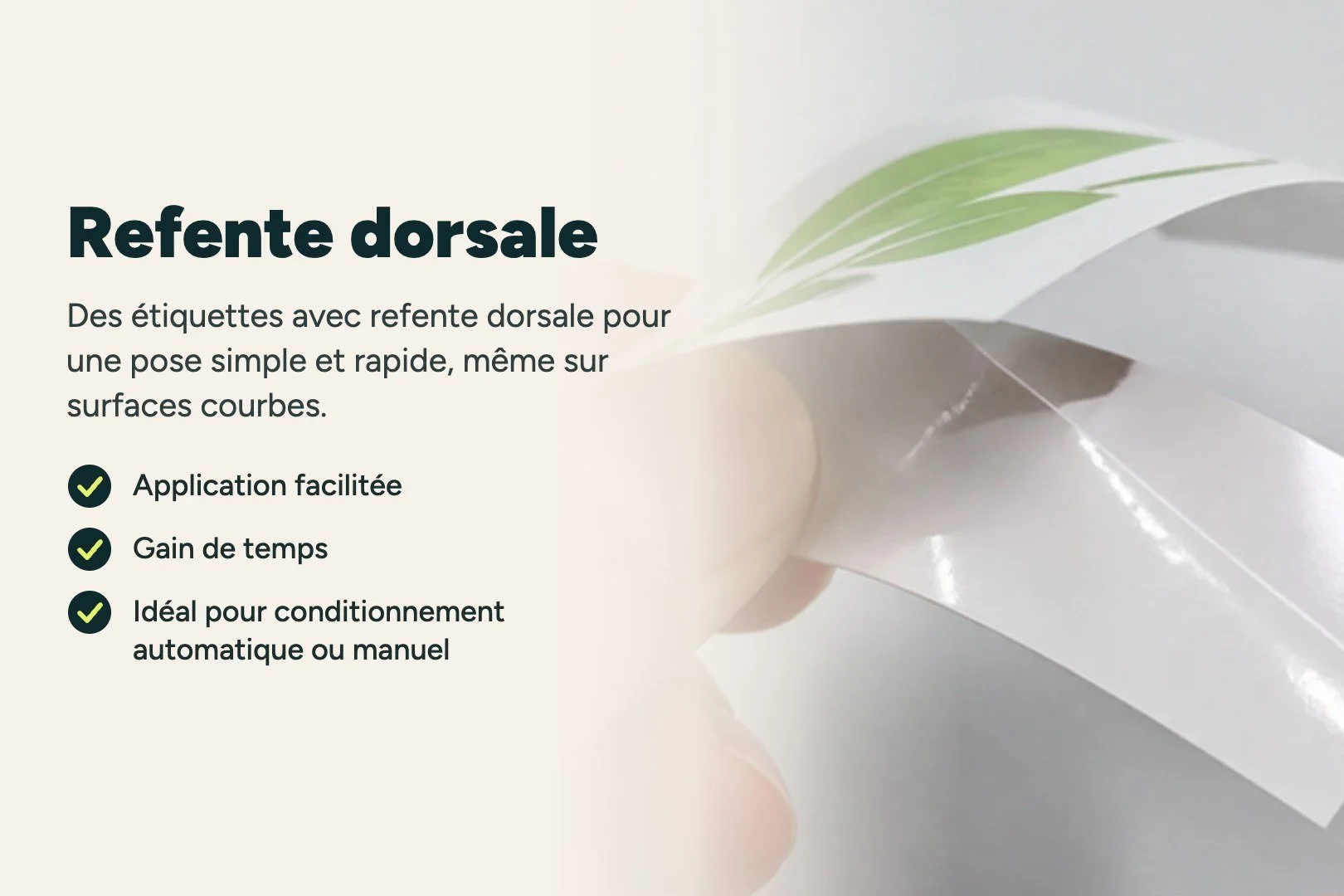 Étiquette avec refente dorsale : le support se fend au dos pour décoller l'étiquette en un gesteRouleau d'étiquettes avec refente dorsale pour une pose rapide