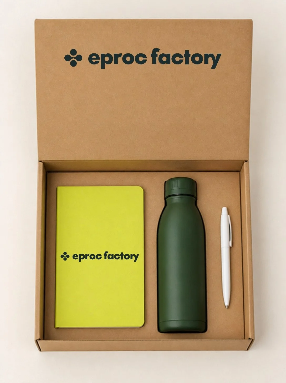 Kit d'accueil collaborateur personnalisé Eproc Factory : coffret, carnet et gourde marqués