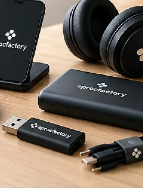 Cadeaux d'affaires high-tech personnalisés Eproc Factory : casque, batterie externe et clés USB