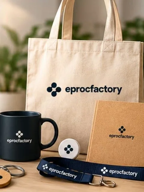 Objets publicitaires personnalisés au logo Eproc Factory : tote bag, mug, gourde, carnet et stylo