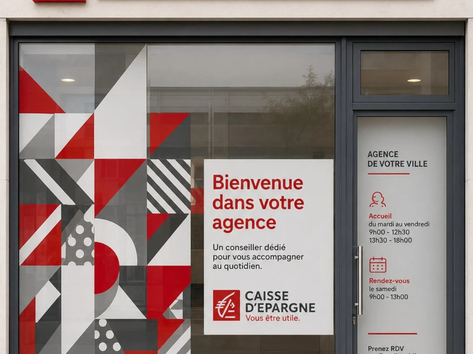 Façade d’une agence Caisse d’Épargne avec vitrine géométrique rouge, blanche et noire, panneau d’accueil et horaires d’ouverture.