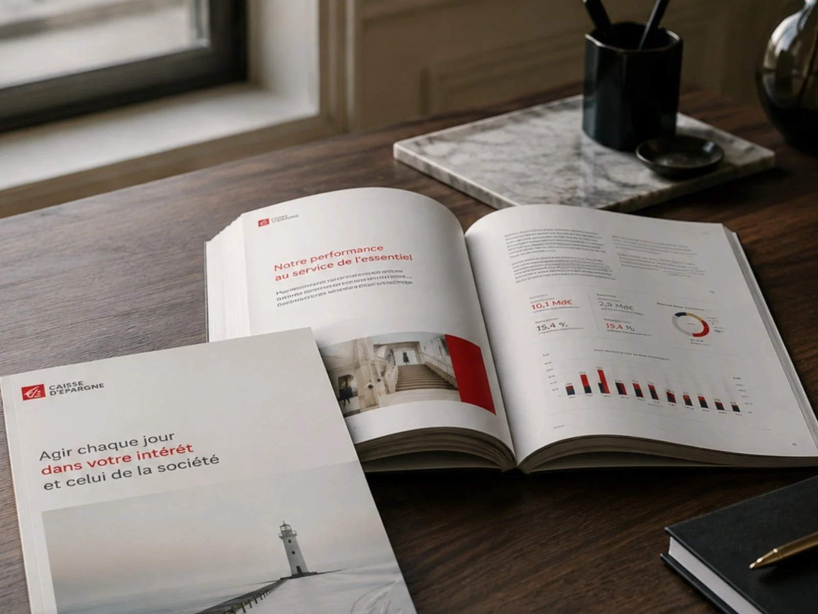 Rapport annuel de la Caisse d’Épargne ouvert sur un bureau en bois, avec graphiques financiers et brochure institutionnelle au premier plan.