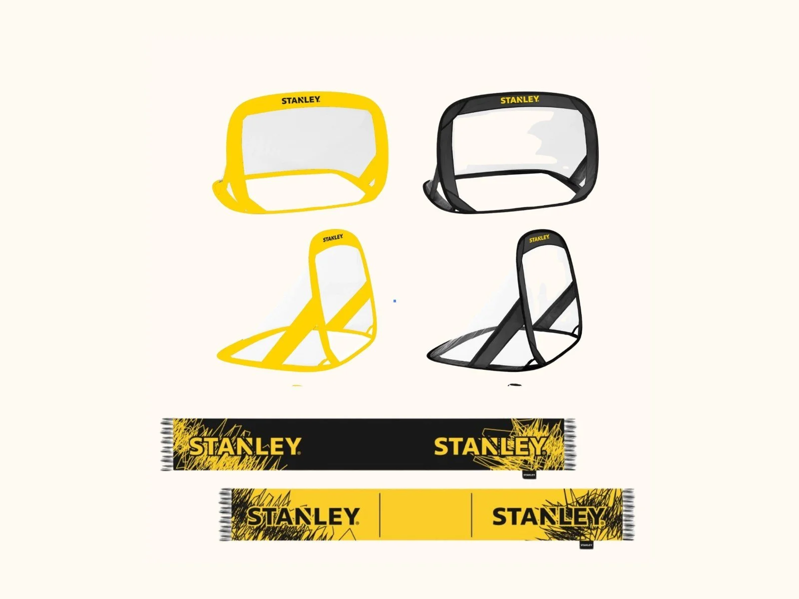 Illustrations d’accessoires Stanley jaunes et noirs aux couleurs de la marque.