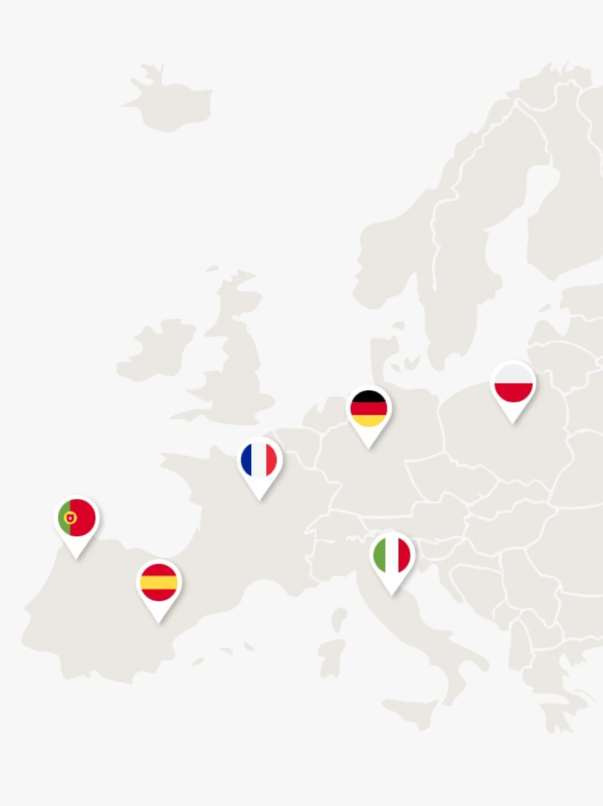Carte du réseau de fournisseurs Eproc Factory en France et en Europe : France, Espagne, Portugal, Italie, Allemagne, Pologne