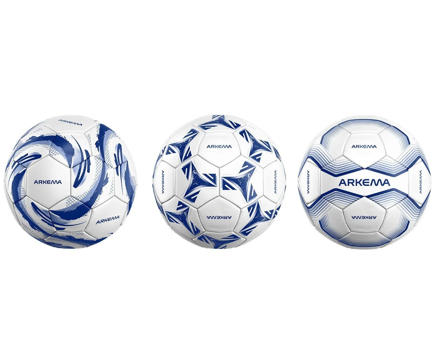 Trois ballons de football blancs et bleus marqués Arkema, présentant des motifs distincts.