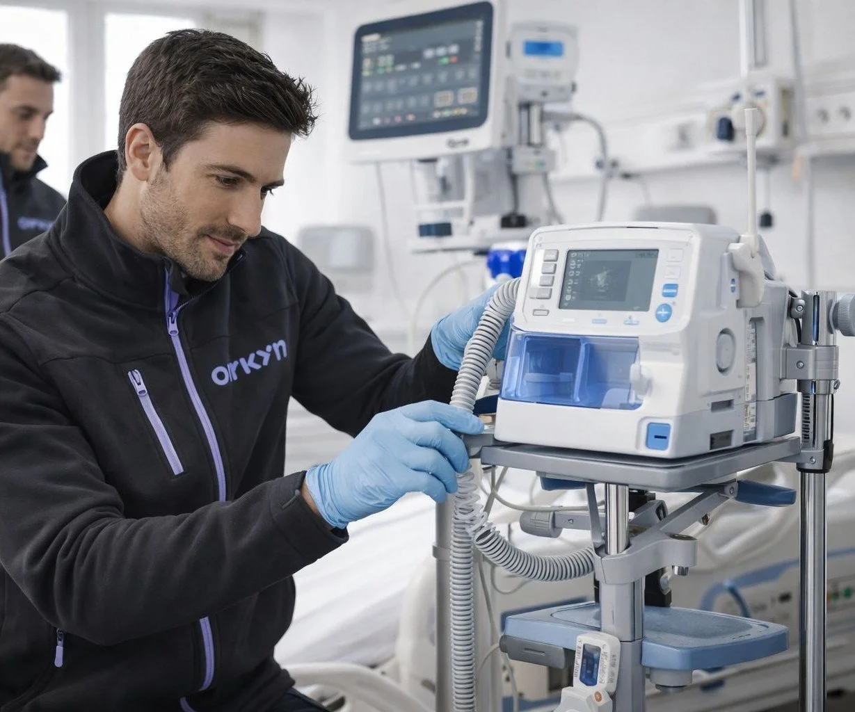 Technicien médical examinant un respirateur artificiel dans une unité de soins intensifs