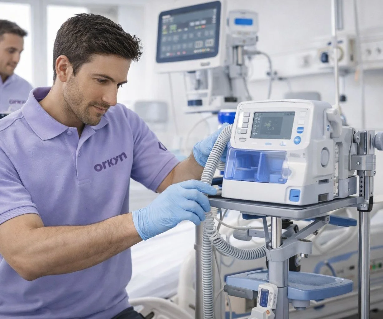 Technicien médical portant des gants et réglant un respirateur dans une salle de soins intensifs.
