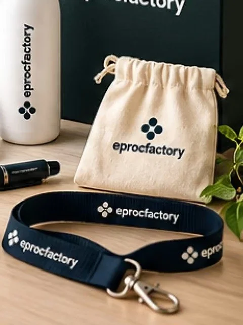 Kit d'accueil et événement personnalisé Eproc Factory : tote bag, tour de cou, gourde et carnet