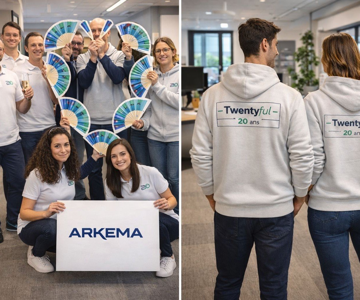 Équipe en entreprise posant avec des éventails devant un panneau Arkema et portant des sweats « Twentyful – 20 ans ».