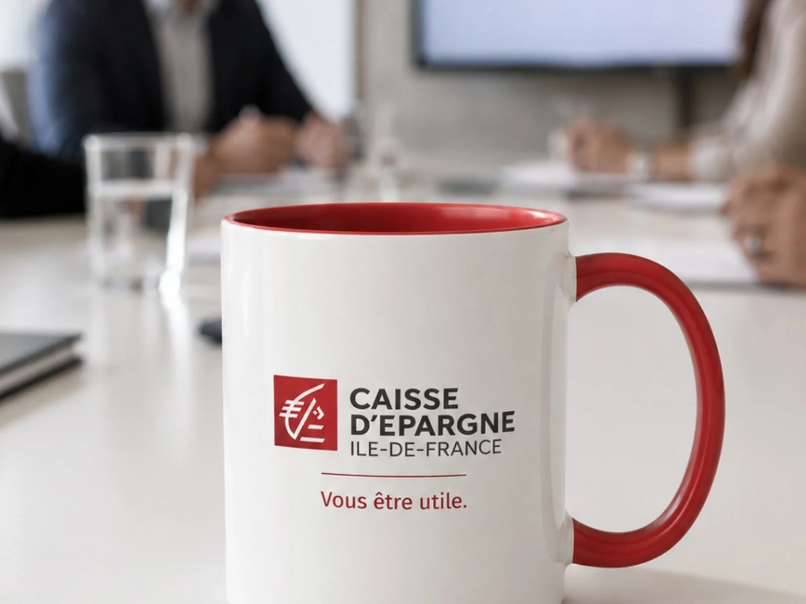 Mug blanc à intérieur et anse rouges, marqué du logo Caisse d’Épargne Île-de-France, posé sur une table de réunion.