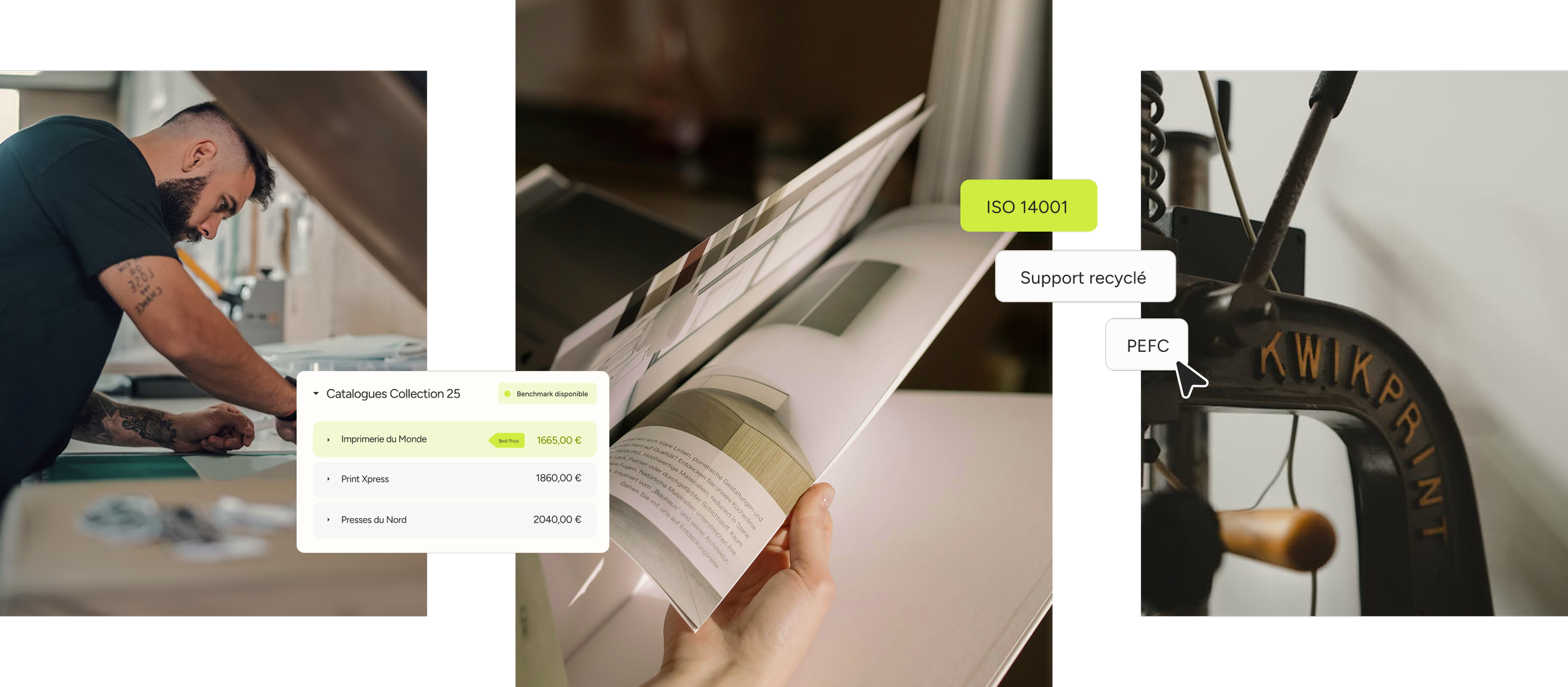 Interface de suivi des demandes et du plan progrès RSE, support recyclé, normes  ISO 14001 PEFC