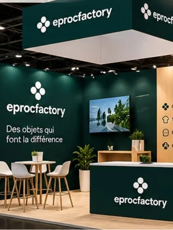 Stand de salon sur mesure avec comptoir et mur d'image