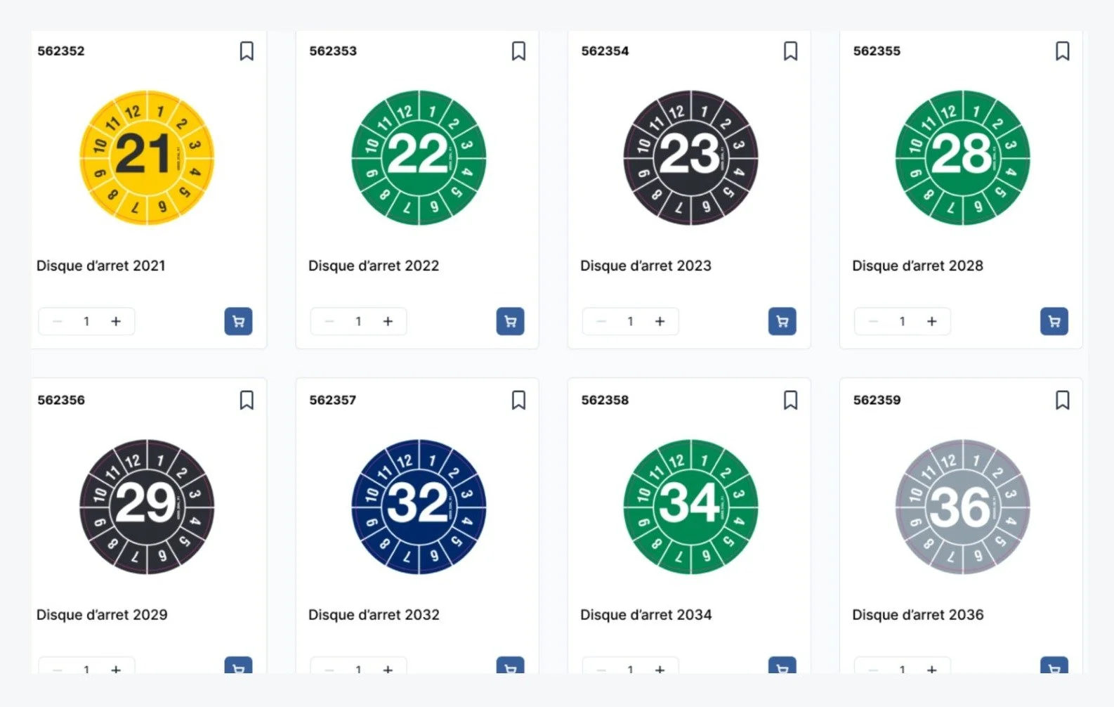 Grille de produits affichant des disques d’arrêt colorés pour 2021, 2022, 2023, 2028, 2029, 2032, 2034 et 2036.