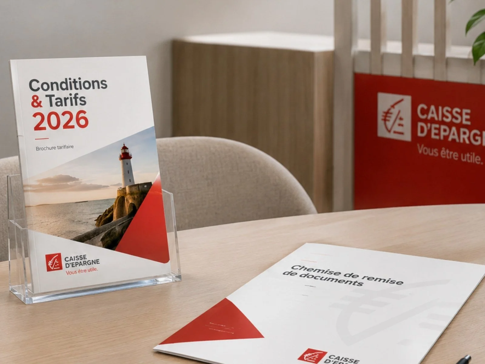 Brochure tarifaire 2026 et chemise de remise de documents de la Caisse d’Épargne sur un bureau d’agence.