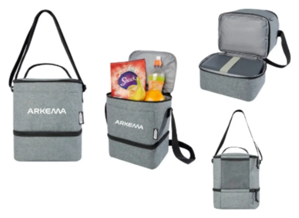 Sac isotherme gris ARKEMA multifonction avec bandoulière, compartiments et rangement pour aliments et boissons.