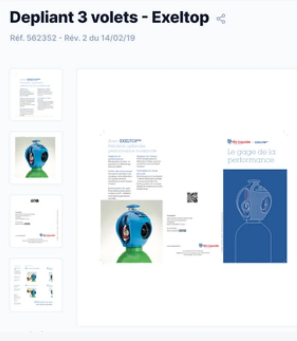 Brochure technique Exeltop présentant un équipement bleu et vert et ses caractéristiques.