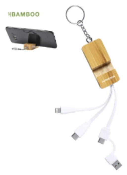 Porte-clés en bois multifonction avec câbles de recharge USB intégrés et adaptateurs pour appareils mobiles.