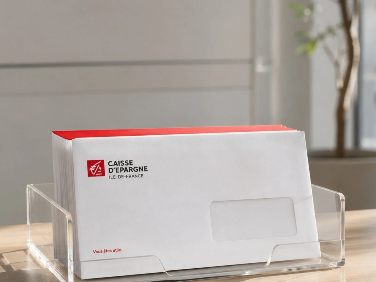 Présentoir acrylique contenant des enveloppes blanches de la Caisse d’Épargne Île-de-France.