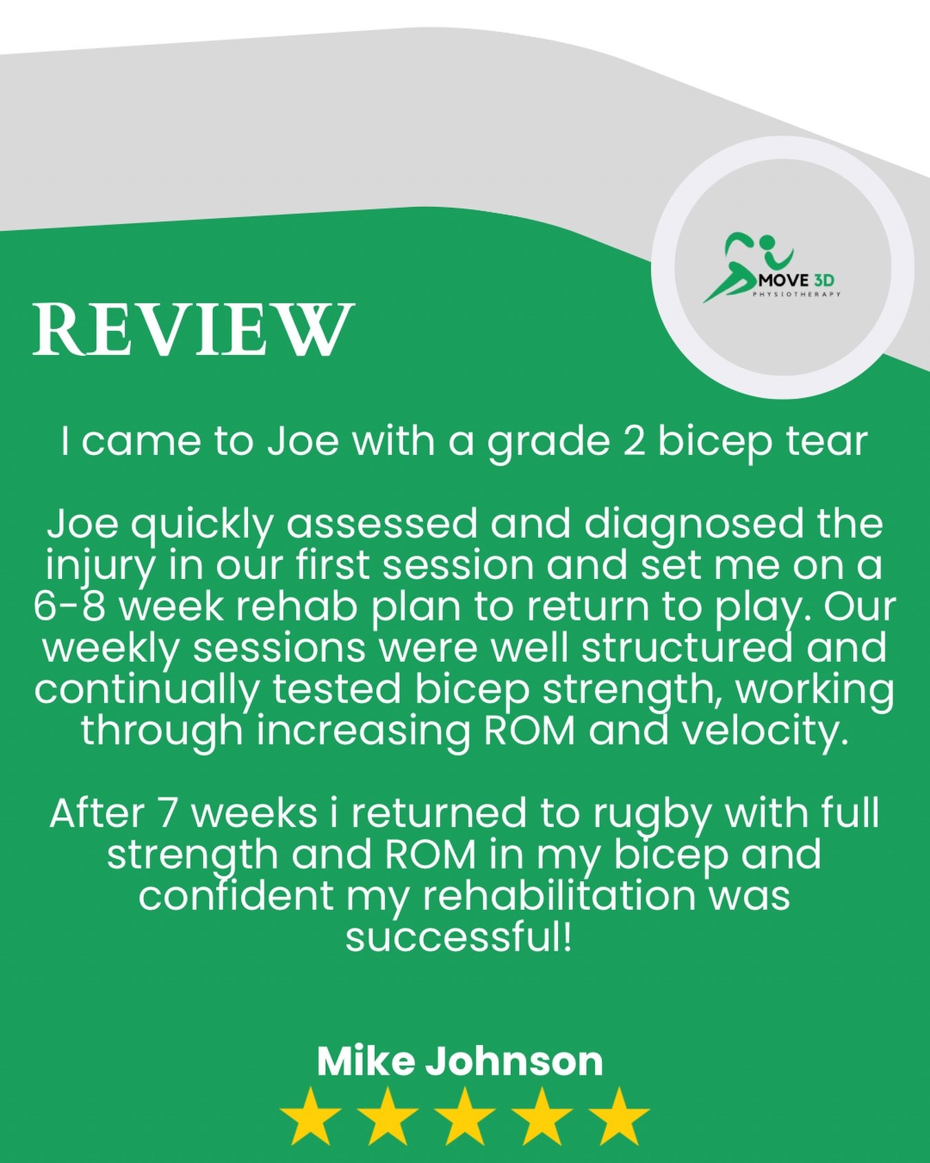 Returning back to rugby following grade 2 bicep tear 💪🏻 

Throughout rehab, we progressed through several key phases: 

1️⃣Restoring range of motion in elbow 

2️⃣Restore wrist, elbow and shoulder strength 

3️⃣Developing strength and control in en