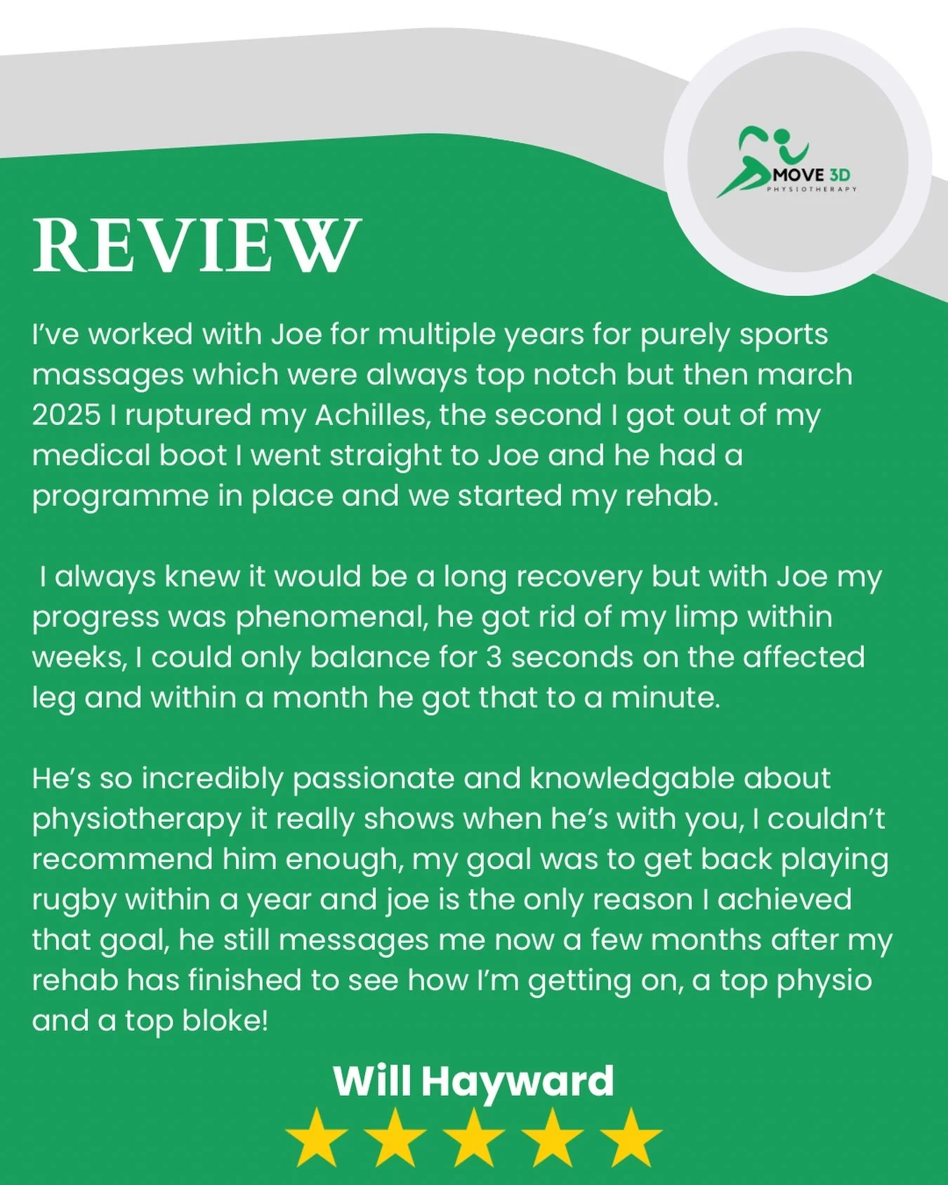 ACHILLES RUPTURE REHAB 🦵

Really happy to have helped Will through his recovery from an Achilles rupture over the past year. Great to see him out in Australia now, enjoying life and back playing rugby 👏🏻

And he&rsquo;s right&hellip; physiotherapy