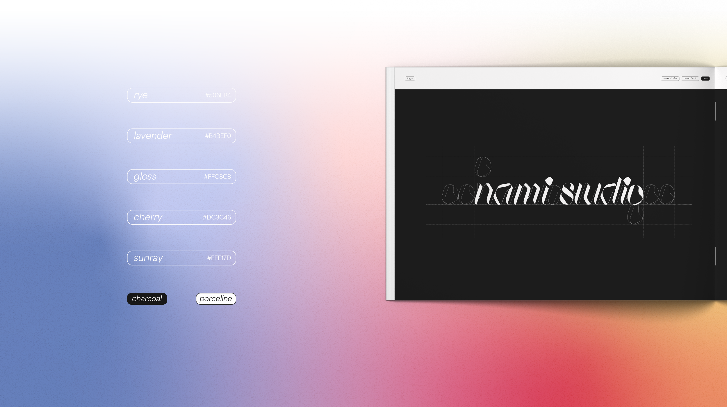 A digital design workspace with color palette options on the left side and a black background with white stylized text that reads 'nomio studio' on the right side.