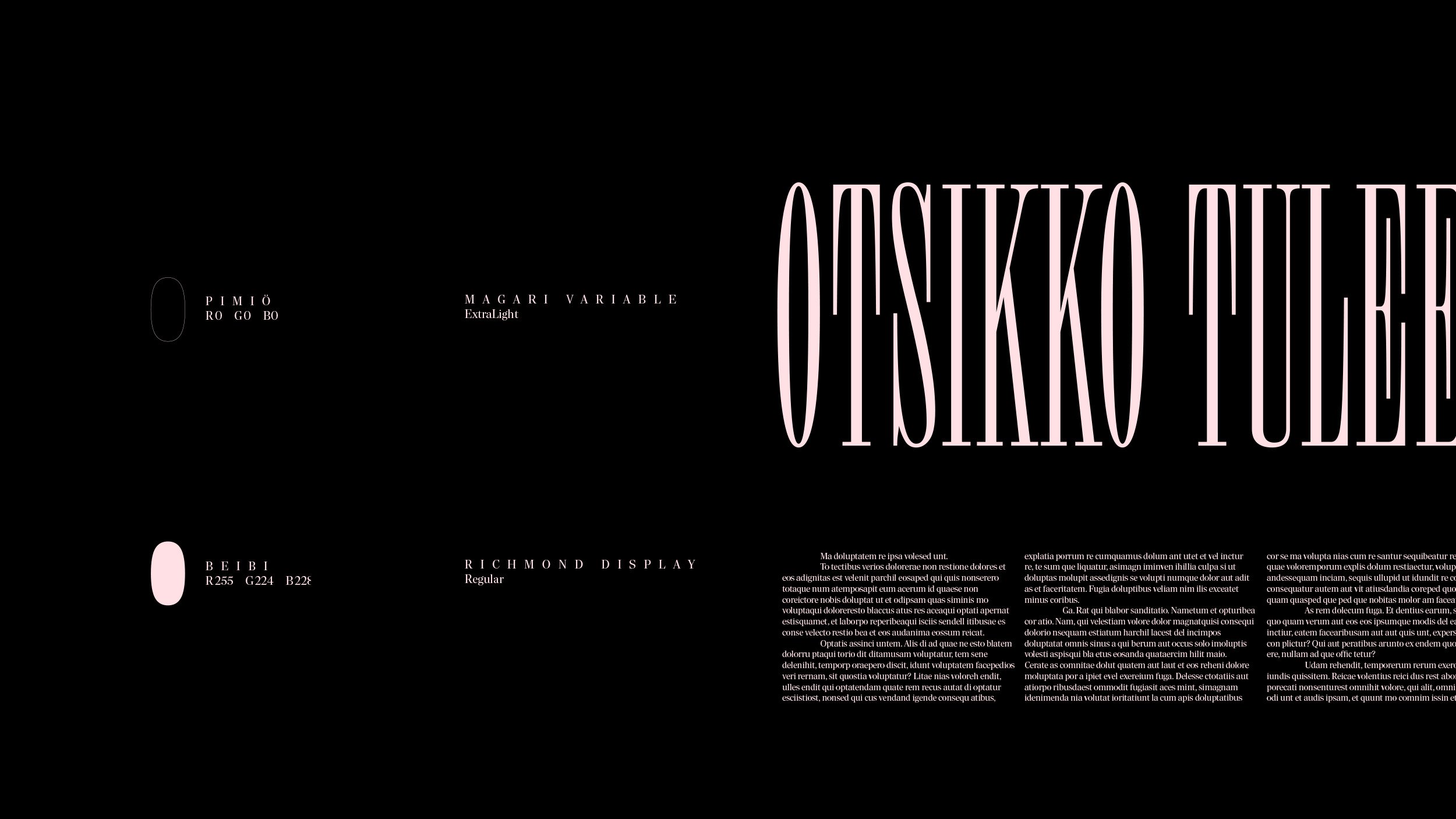 Black background with large pink vertical text and smaller white text and graphics scattered across the page.