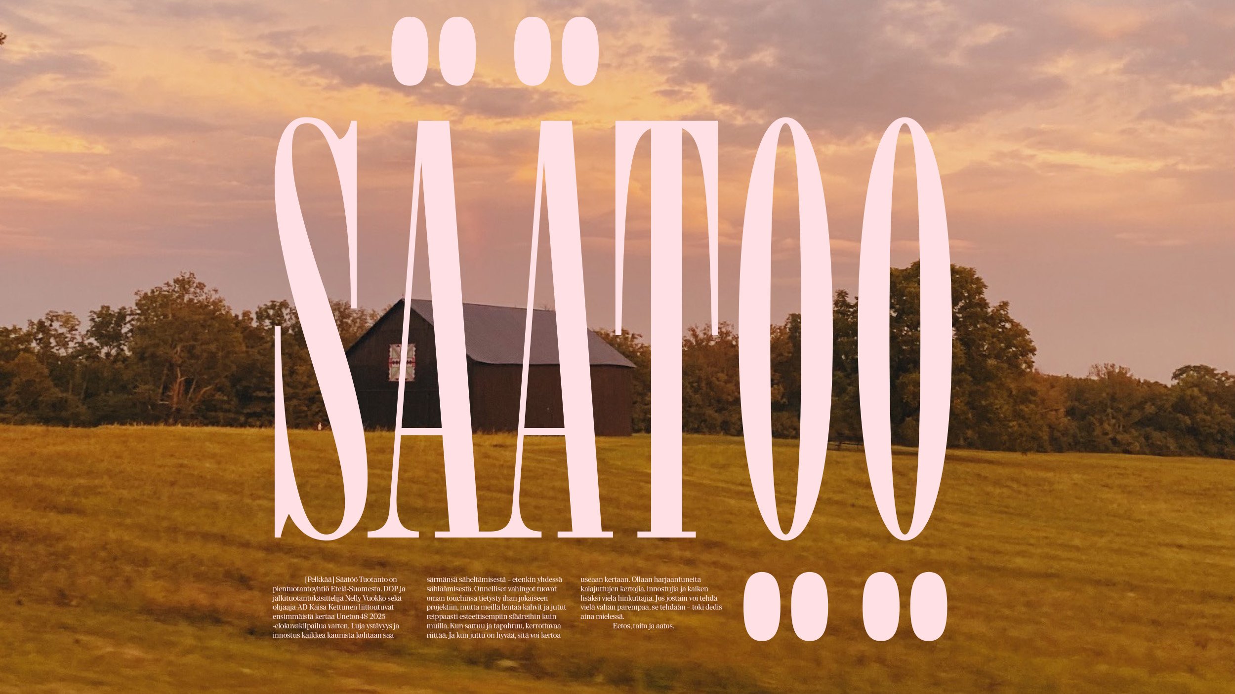 A scenic countryside landscape at sunset with a barn and trees in the background, overlaid with large, light pink text in a stylized font. Smaller text is at the bottom of the image.