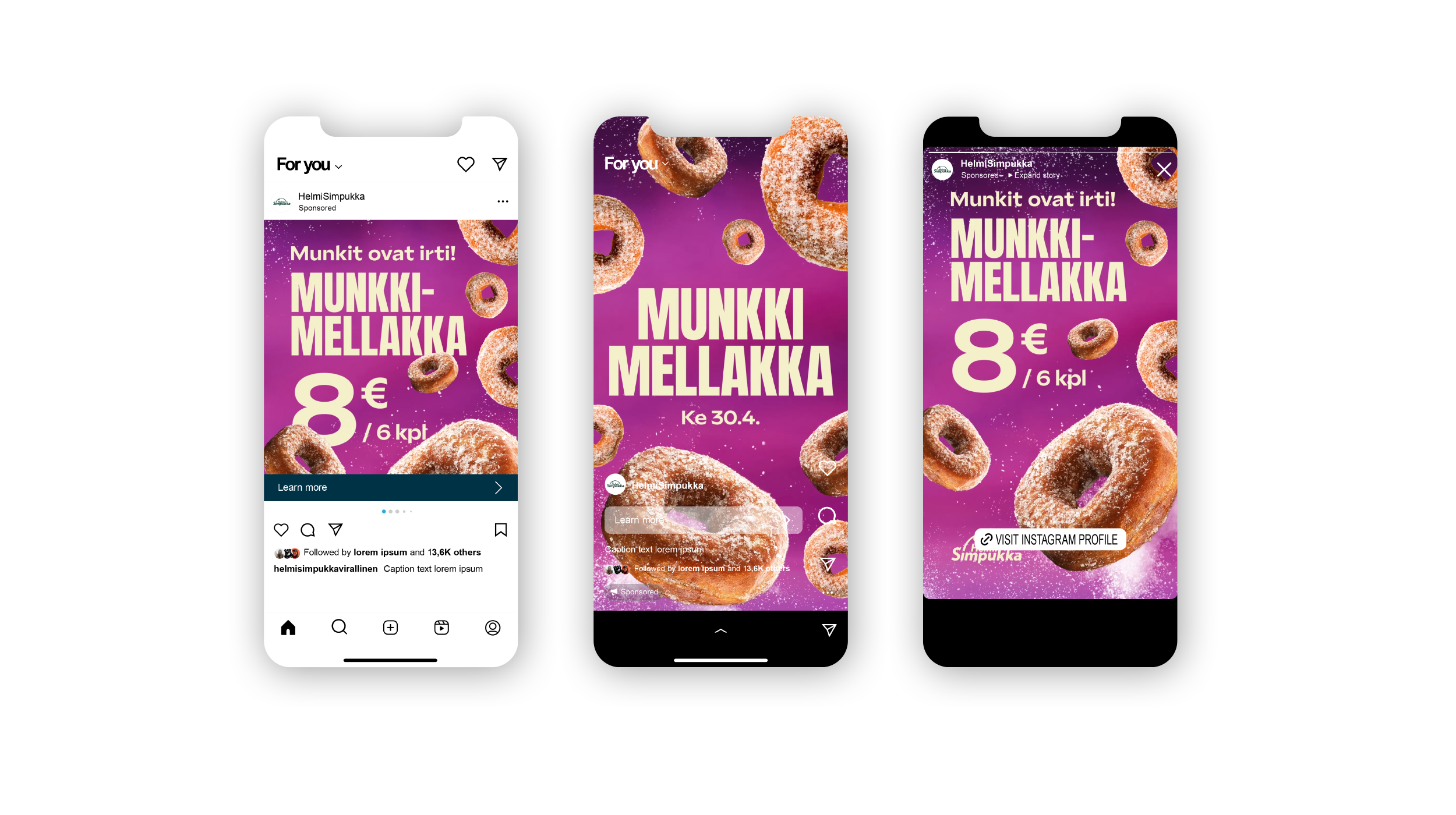 Advertisement for donuts with a purple background, featuring various donuts sprinkled with sugar and powdered sugar. Text states 'Munkit ovat irti! MUNKKIMELLAKKA 8€ / 6 kpl' and the date 'Ke 30.4.'.