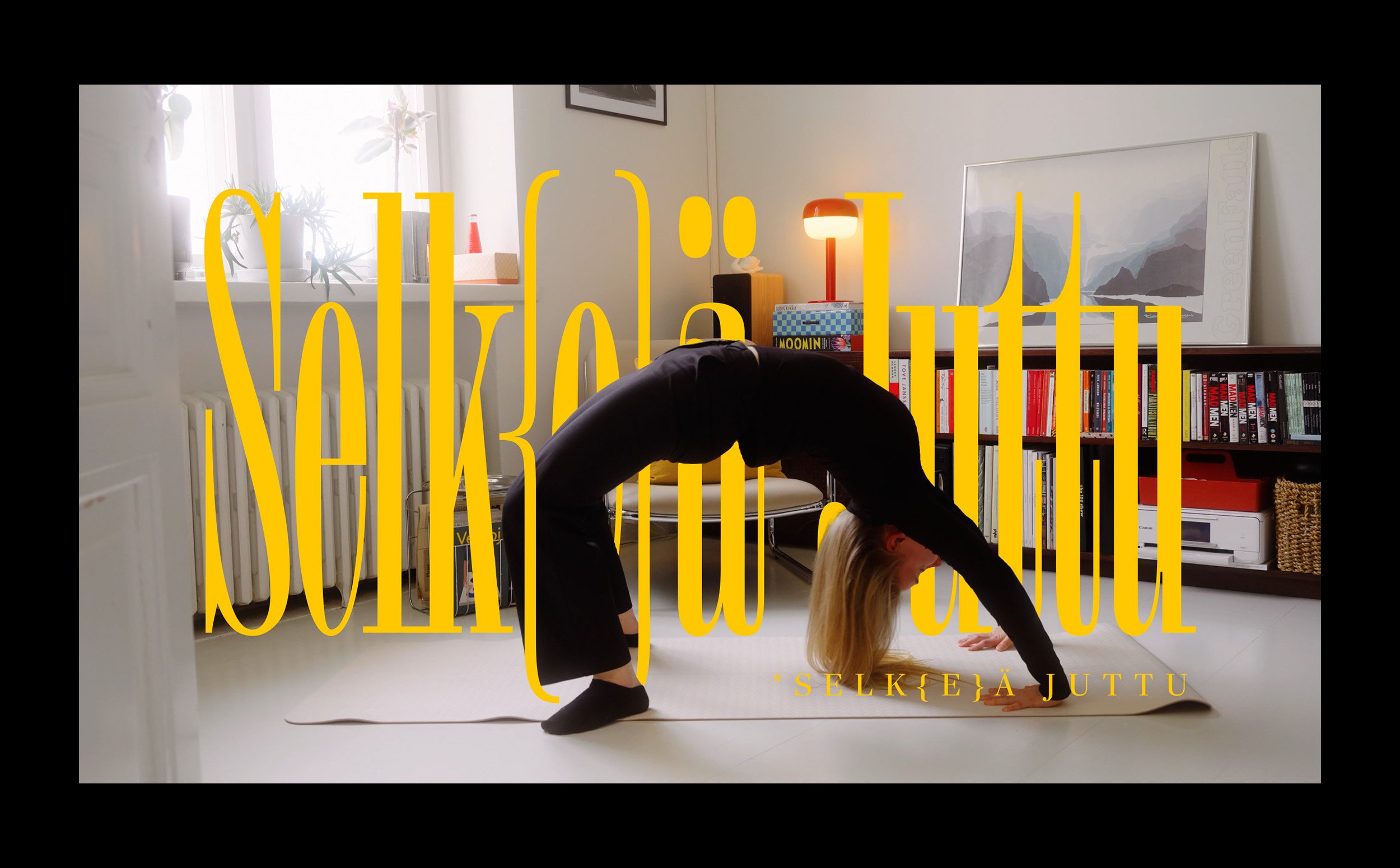 A woman practicing yoga in a living room with large yellow text overlay reading 'Solitude' and smaller text 'Selk{E}ä Juttu'.