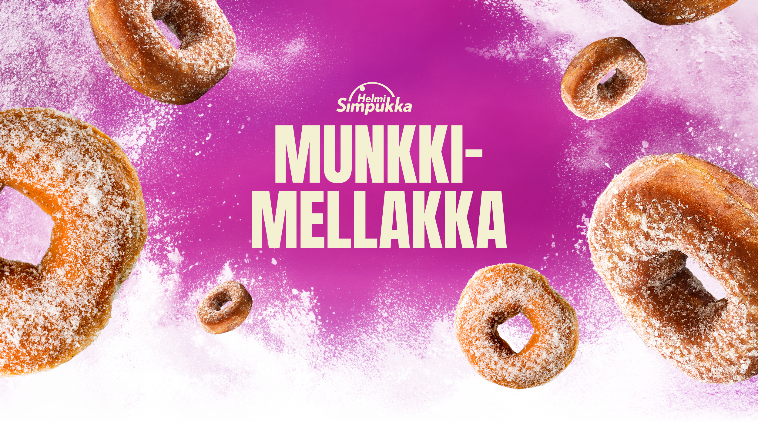 Fried doughnuts sprinkled with powdered sugar floating against a pink and purple background with the text 'MUNKKIMELLAKKA' and the Helmi Simpukka logo.