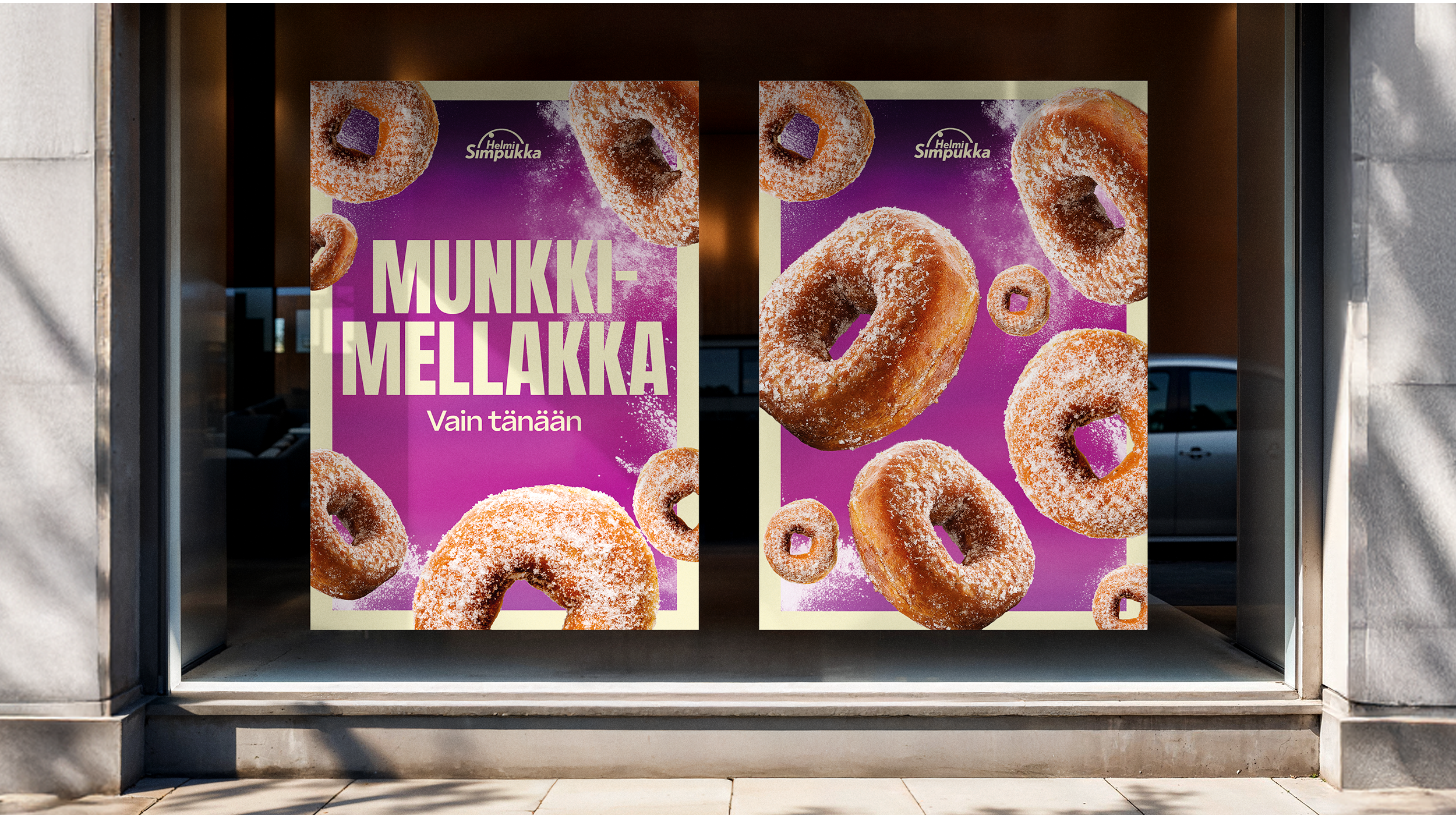 Store window display with two large posters showing sugar-coated donuts with purple background, Finnish text saying "Munkkimellakka" and "Vain tänään," and the brand name Helmi Simpukka.