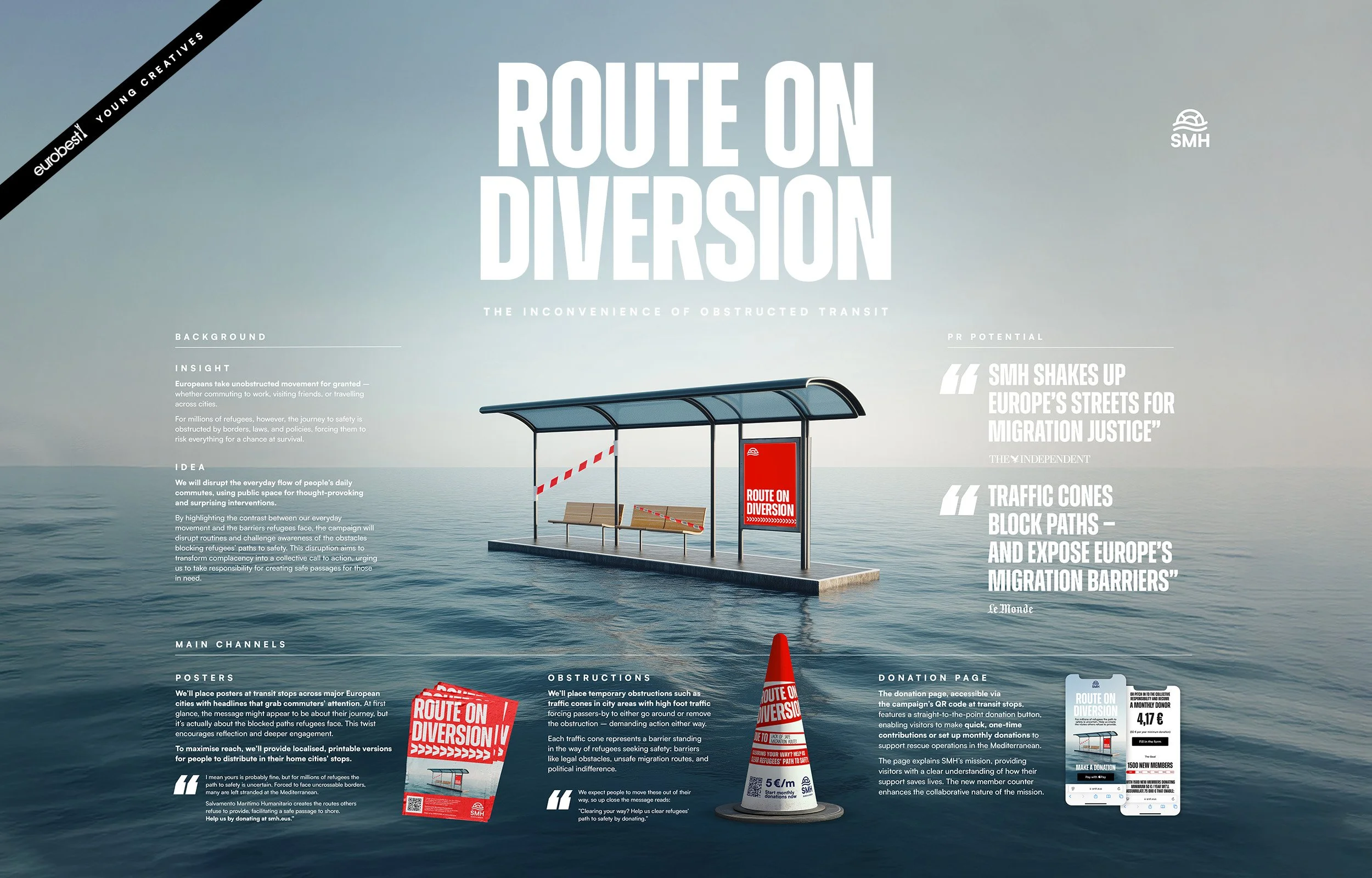 A graphic representation of a bus stop on water with a sign that says 'Route on Diversion.' The image discusses the challenges faced by migrants due to European urban traffic congestion and the impact of blocked transit paths.