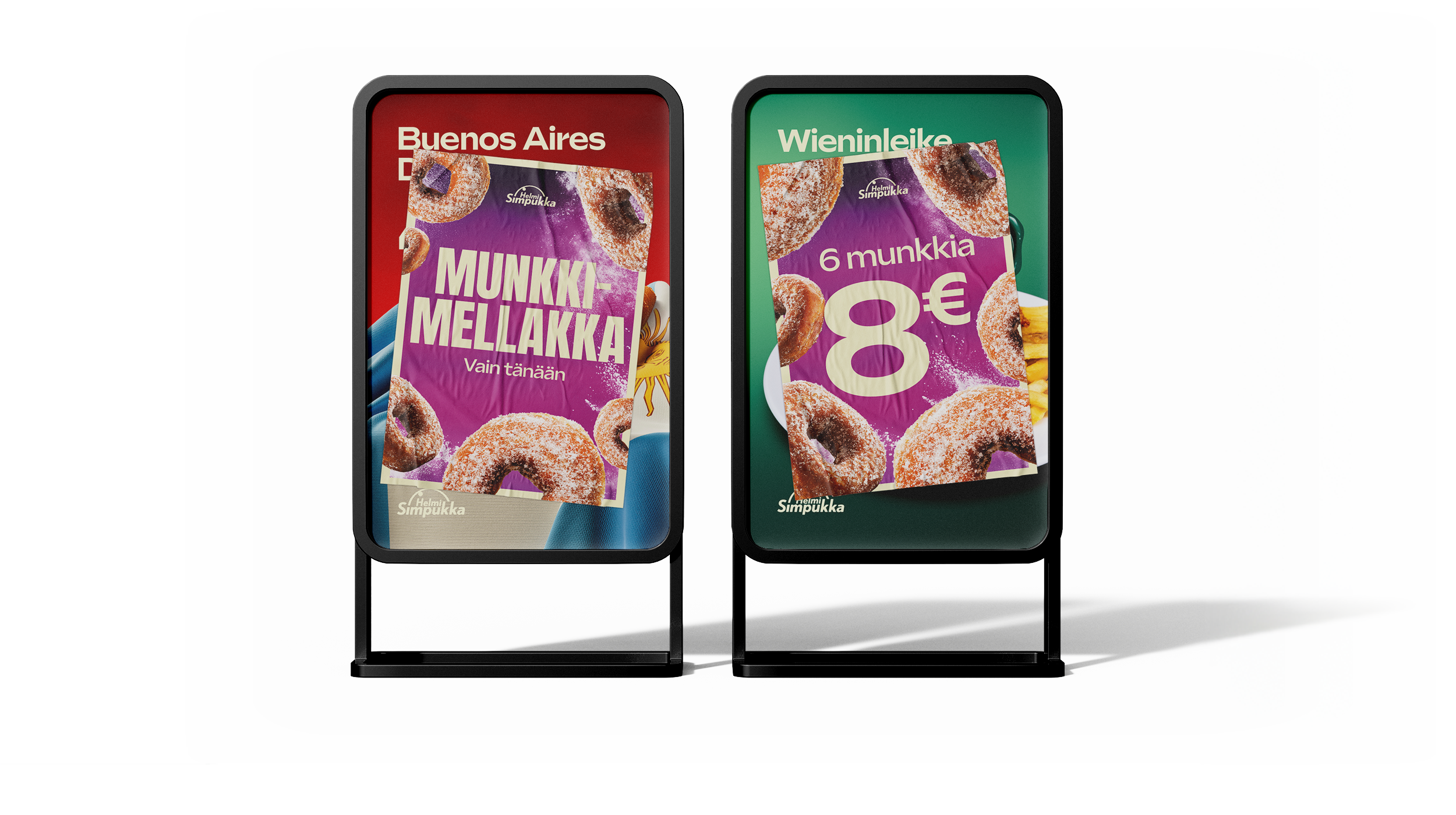 Two digital advertising screens side by side, displaying advertisements in Finnish for a product called 'Munkkimellakka' with promotional pricing and images of donuts.