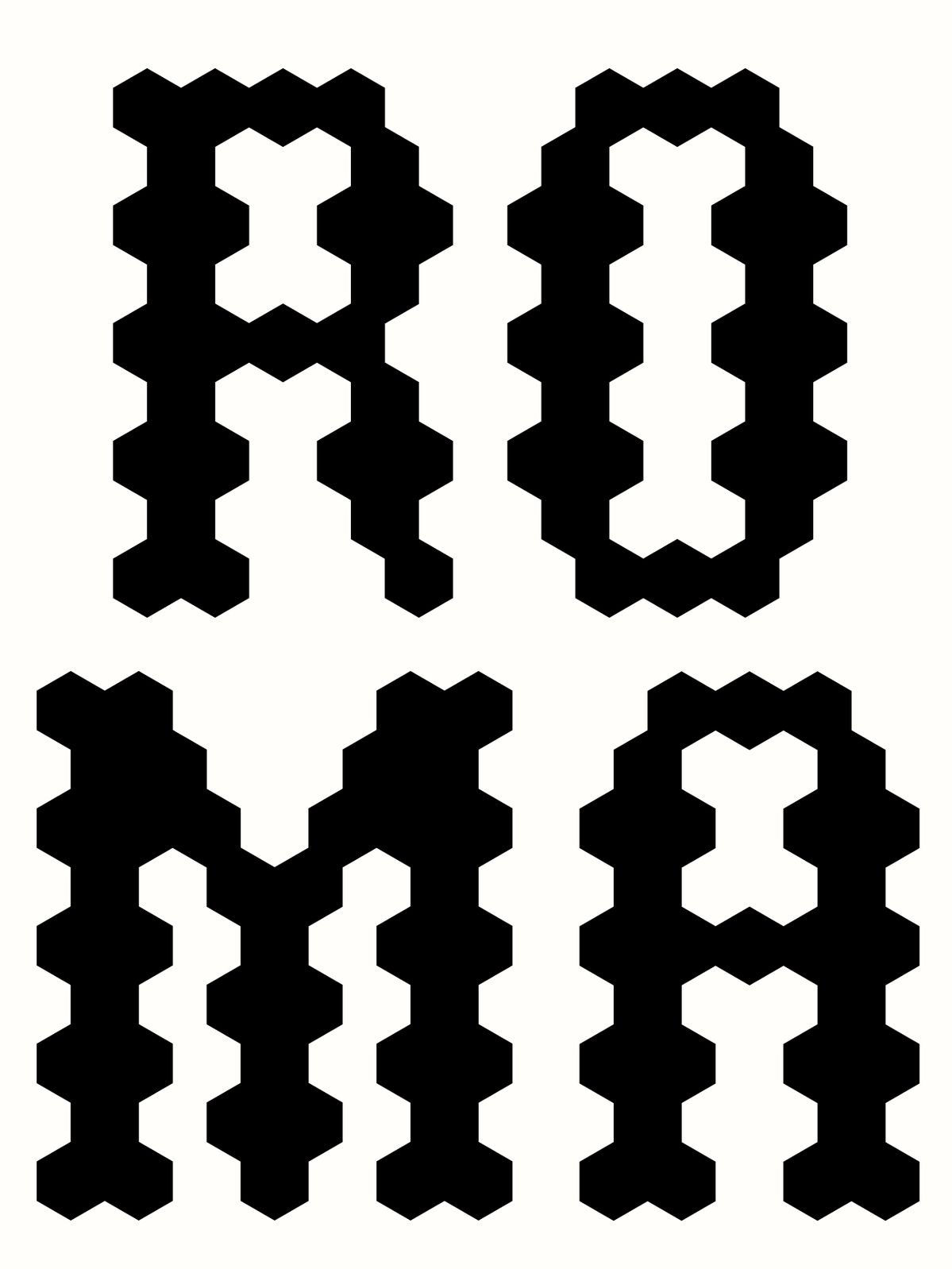Black and white hexagonal pattern forming the word 'hello' in a pixelated style.