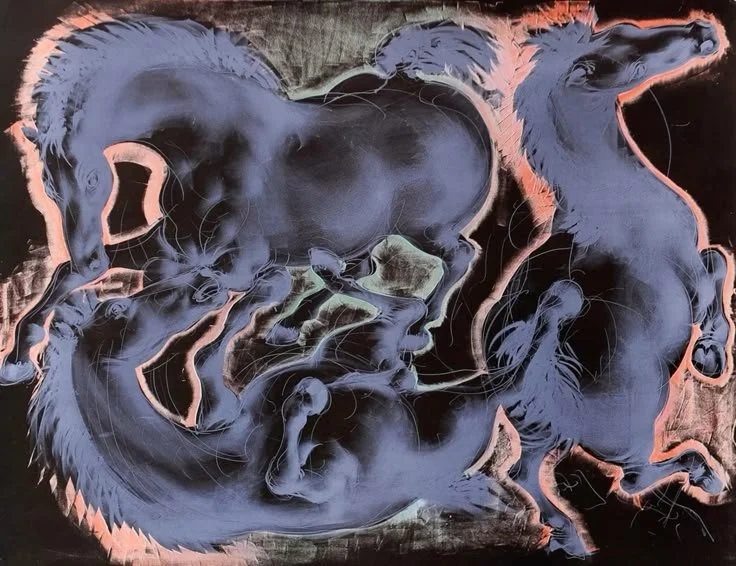 A painting of a blue horse with pink outlines on a dark background.